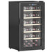 Freestanding wine refrigerator with wood finish, temperature control, and removable racks holding up to 41 wine bottles.