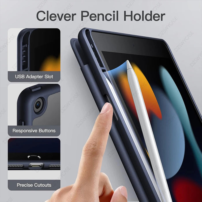 iPad 10.2" Case with Pencil Holder – Trifold Stand Clear Back Auto Sleep/Wake Cover SF