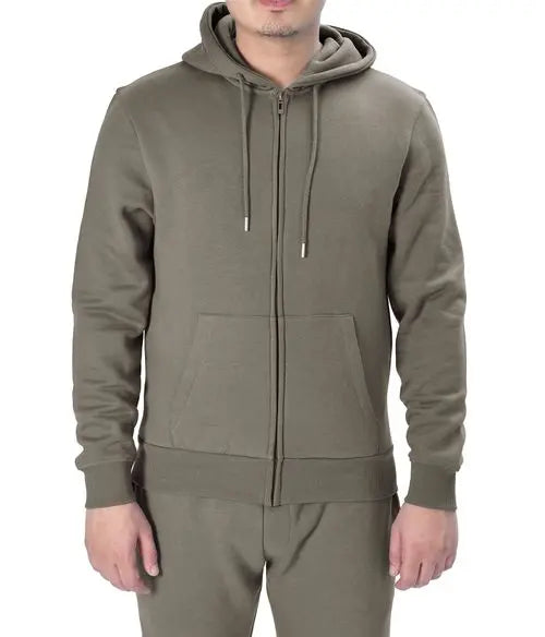 Men’s khaki zip-up hoodie with adjustable hood and front pocket made from recycled polyester blend