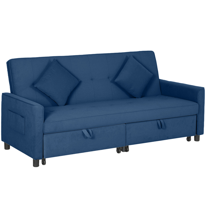 Blue Velvet Click-Clack Sofa Bed with Adjustable Recline and Pillows
