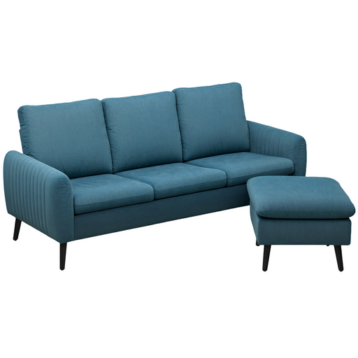 Modern blue corduroy 3-seater sofa with modular chaise lounge and tufted armrests

