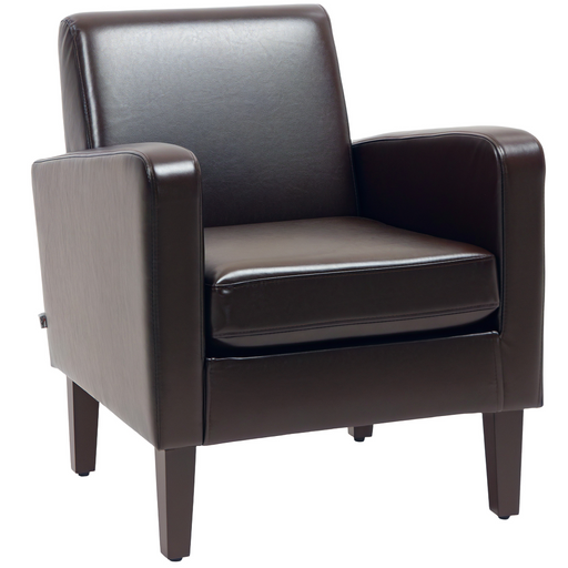 Modern compact brown PU leather armchair with wooden frame and sloped arms in small living room

