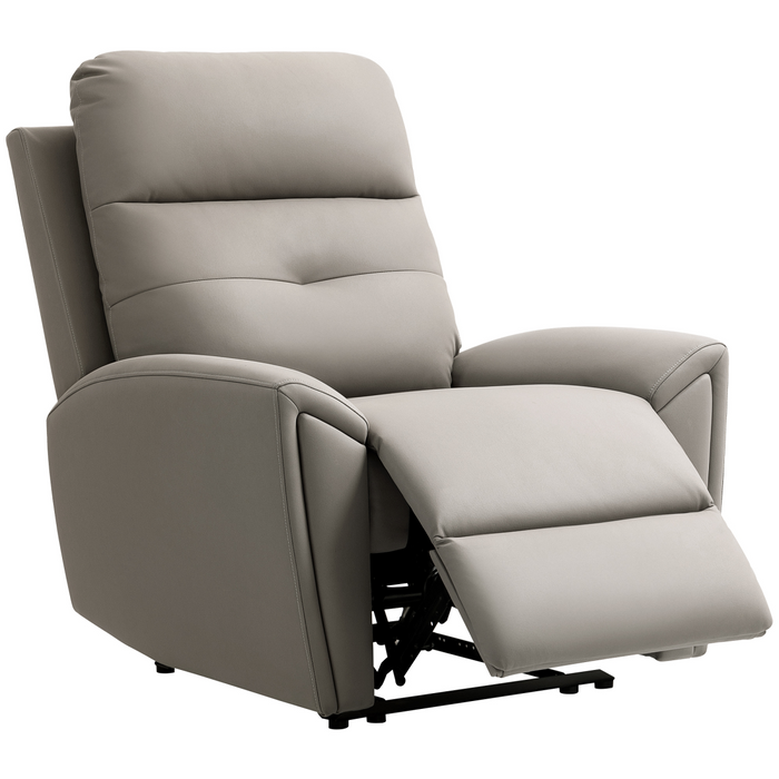 Grey microfiber recliner chair with adjustable backrest, extended footrest, and plush overstuffed cushions


