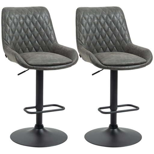  Set of 2 Swivel Adjustable Bar Stools in Dark Grey PU Leather with Footrest