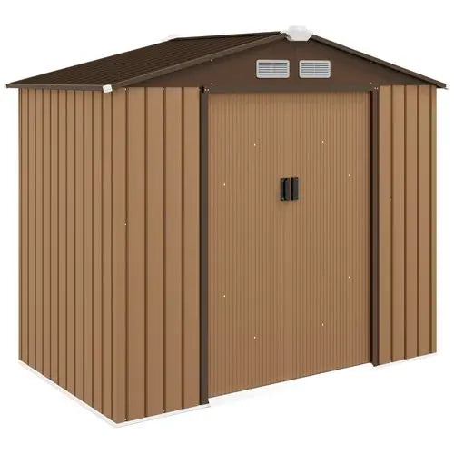 Galvanised steel garden shed with double sliding lockable doors, sloped roof, air vents, and floor base foundation, measuring 185 x 127 cm for outdoor storage.