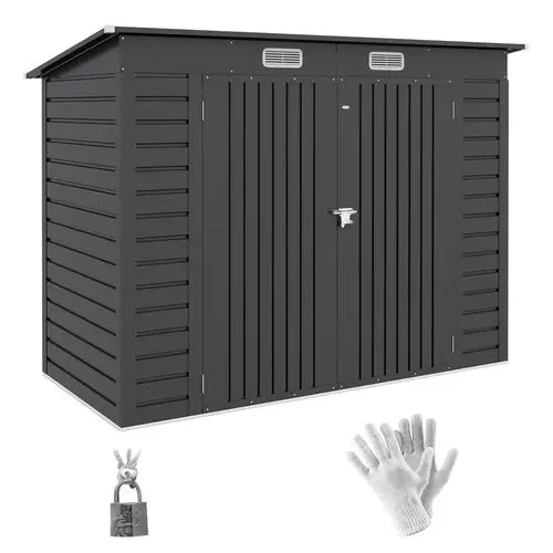 Galvanised metal bike shed with double doors, padlock, and air vents, sized 3.7 x 7.9 ft, suitable for secure outdoor storage of bikes and tools.