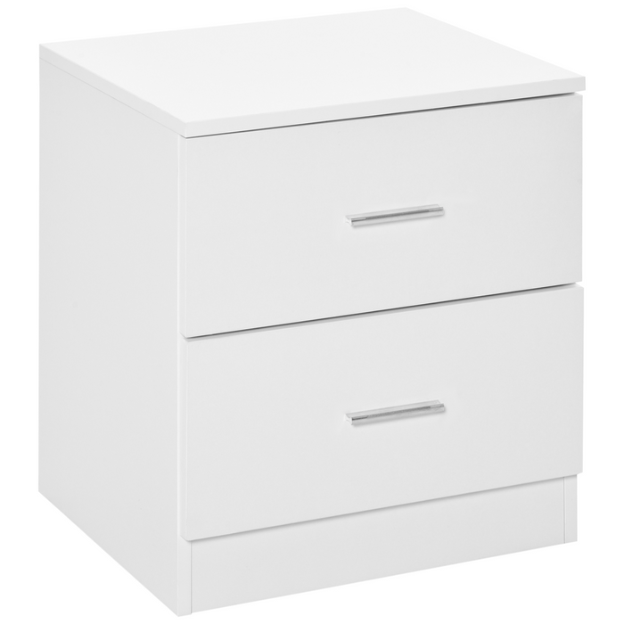 White 2-drawer bedside table with flat top surface and compact design for bedroom storage


