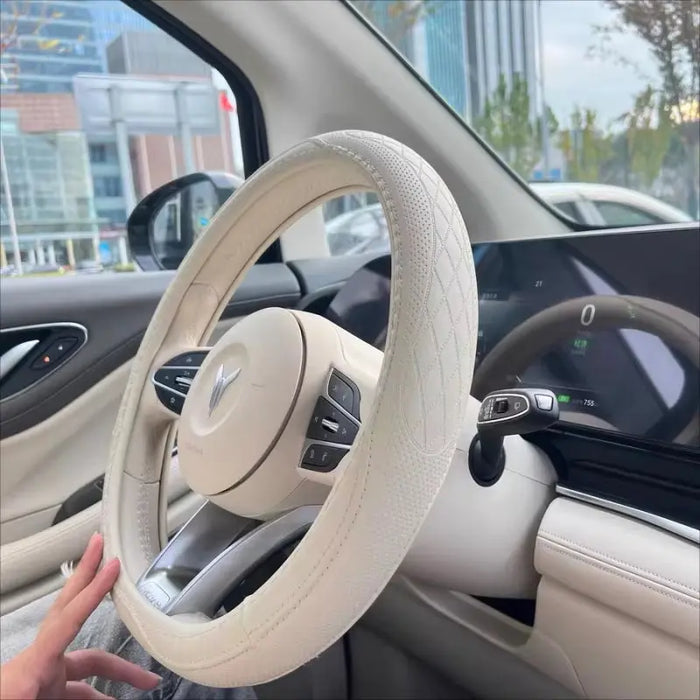 Napa Leather Perforated Patchwork Car Steering Wheel Cover, Non-Slip, Breathable, Universal 15 Inch (Approx. 38Cm)