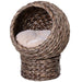 Raised cat hideaway with water hyacinth design and soft flannel cushion for small cats