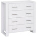 White four-drawer storage unit with safety straps and elevated base for organization.