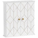 White bathroom cabinet with gold-tone design, three-tier shelving, and adjustable storage.