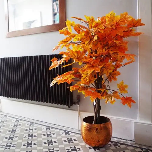 Artificial maple tree with vibrant orange leaves and gnarled wooden stem, 125cm tall

