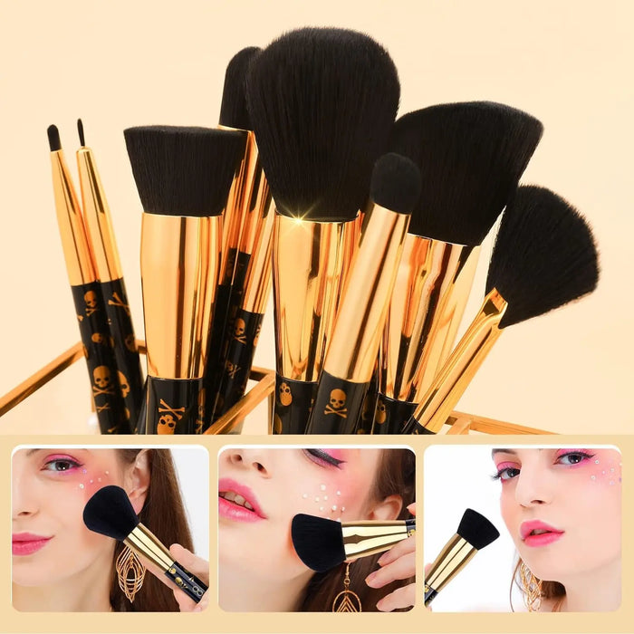 12Pcs Gothic-inspired makeup brush set with soft synthetic bristles for flawless blending of foundation, blush, contour, and eyeshadow.