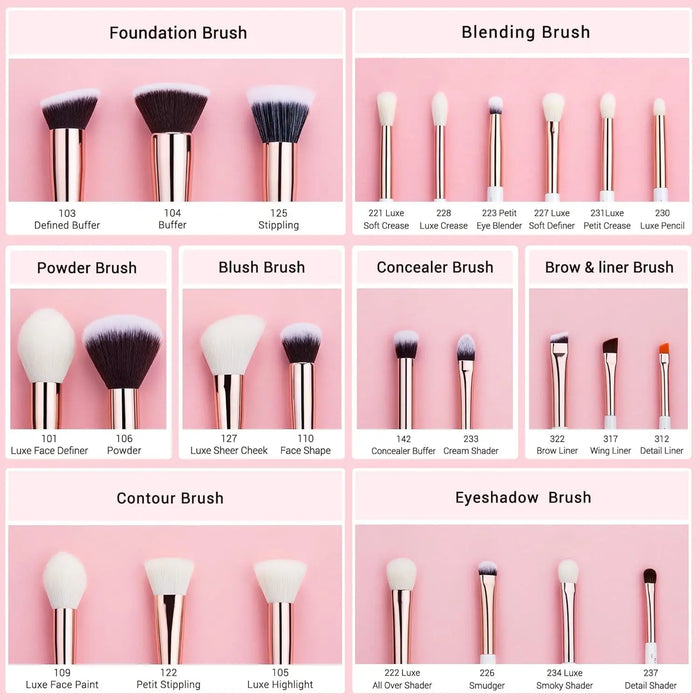 25-piece Jessup professional makeup brush set with wooden handles and soft natural bristles in rose gold and pearl white box