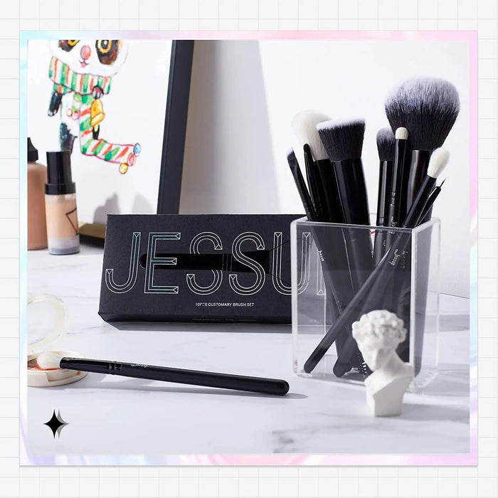 Makeup Brush Set 10Pcs Black Make up Brushes Set Professional with Natural Synthetic Hair for Foundation Blending Blush Concealer Eyeshadow Eyebrow Eyeliner, T323