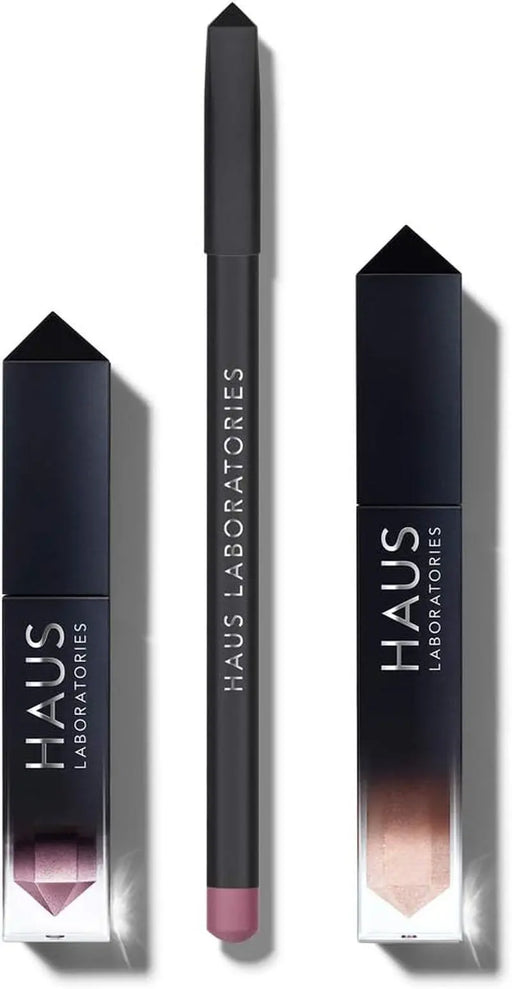 Lady Gaga makeup kit with liquid eyeshadow, lip liner, lip gloss, and compact pouch

