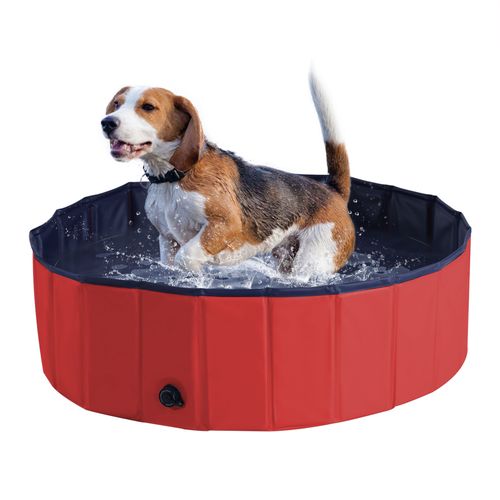 Foldable 100cm dog pool with wooden frame, designed for medium dogs and easy indoor/outdoor use