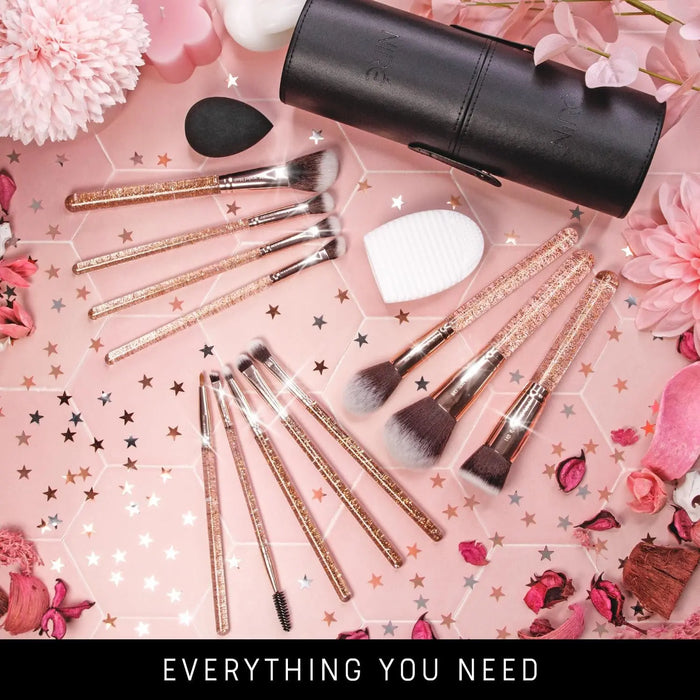 Beauty 15Piece Award Winning Glitter Makeup Brushes: Cute Makeup Brushes Set with Case, Beauty Blender, Cleaner, Guide, Gift Box