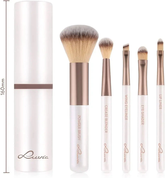 Luvia Makeup Brush Set, Travel Set, Macchiato, 5 Cosmetic Brushes Including Makeup Brush Storage, Black, Vegan (White/Macchiato)