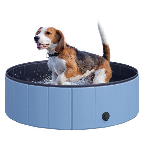 Foldable pet pool for dogs with wooden frame and splash-resistant PVC walls