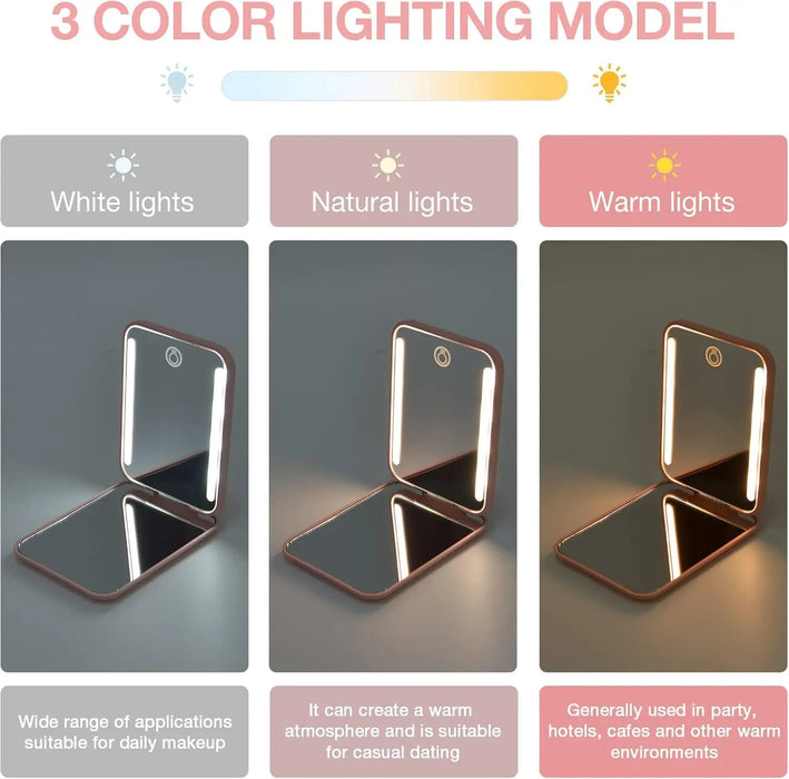 Rechargeable LED Compact Makeup Mirror with 1X/3X Magnification, Dimmable 3 Color Temperature, 400mAh Battery, Portable Travel Design, Ideal Gift for Women, Pink