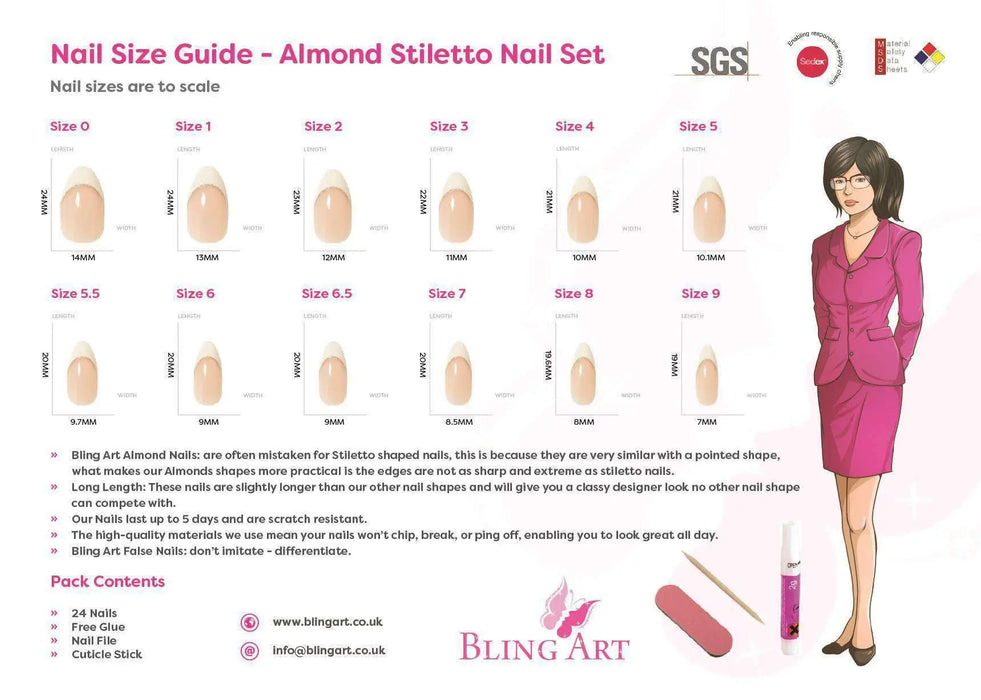 False Nails by Bling Art Blue Gel Glitter 24 Almond Stiletto Long Fake - Samanta Factory