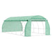 Large green polytunnel greenhouse with steel frame and mesh windows for garden use