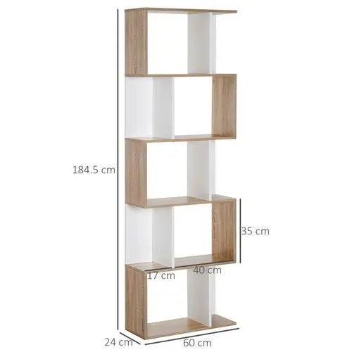 Modern 5-tier S-shape bookcase with staggered shelves holding books and decorative items in a living room setting