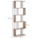 Modern 5-tier S-shape bookcase with staggered shelves holding books and decorative items in a living room setting