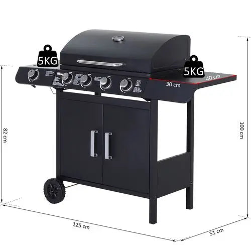 4+1 Gas BBQ Grill – Stainless Steel Burners with Side Burner & Storage for Outdoor Cooking - Samanta Factory