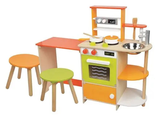 Wooden country-style children’s play kitchen with oven, sink, hob, cupboard, colorful accessories, table, and stools, sized for kids aged 3 and above.
