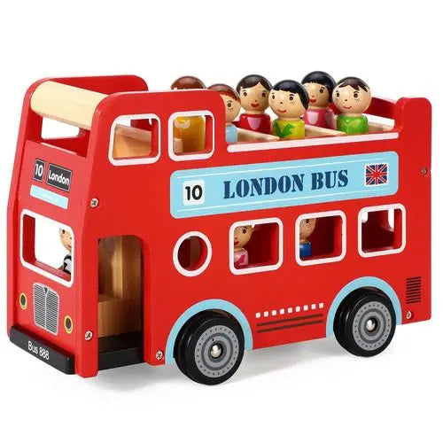 Wooden London double decker bus toy with driver and passengers for pretend play

