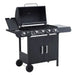 4+1 gas BBQ grill with stainless steel burners, side burner, lid, and storage cabinet for outdoor cooking

