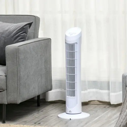 Slim white 30-inch oscillating tower fan with 3 speeds and top button control