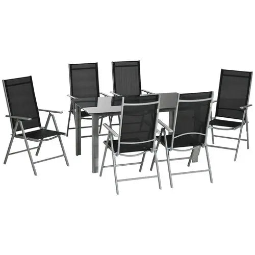 Seven-piece outdoor dining set with rectangular tempered glass table and six folding aluminium frame chairs