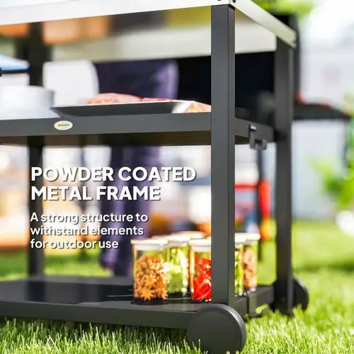 Outdoor BBQ Prep Table – Stainless Steel Worktop with Storage & Wheels - Samanta Factory