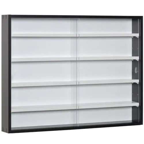 Five-tier glass display cabinet with sliding doors mounted on wall