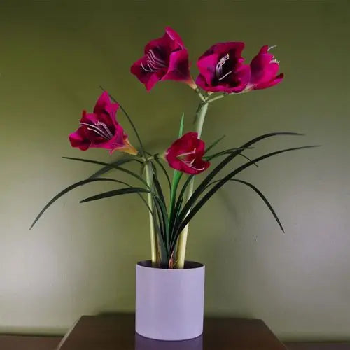 Realistic faux amaryllis flower arrangement with 5 blooms in grey pot

