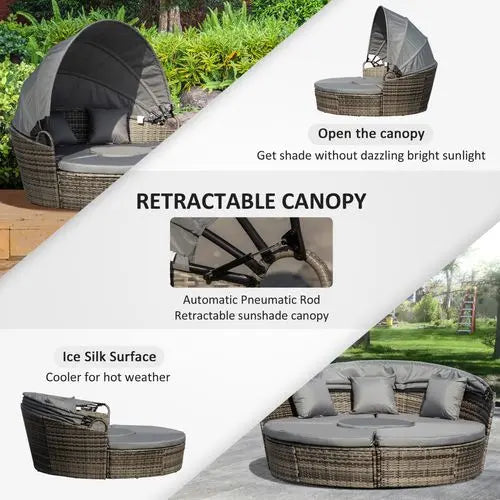 4-piece outdoor rattan daybed set with canopy and cushions on a garden patio

