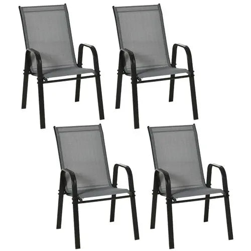 Set of four stackable outdoor mesh garden chairs with high backs and metal frame