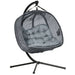Two-seater egg swing chair with padded cushion and foldable basket on a steel frame