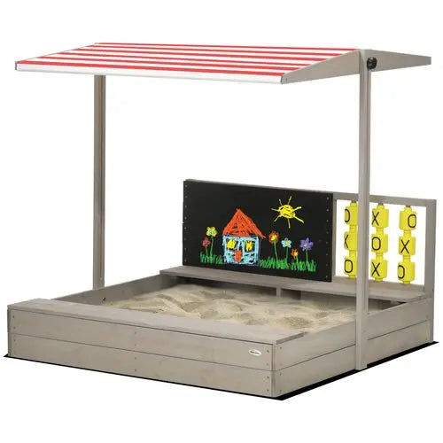 Garden sandbox with adjustable canopy, seating for kids, chalkboard, and tic-tac-toe game in a backyard