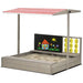 Garden sandbox with adjustable canopy, seating for kids, chalkboard, and tic-tac-toe game in a backyard